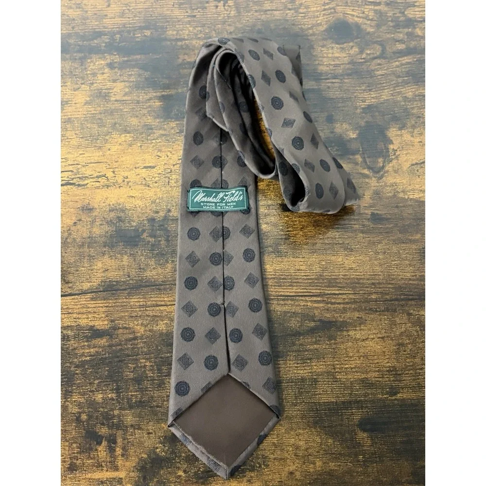 Vintage Marshall Field's Italian Silk Tie Brown Black Medallion Slim 3